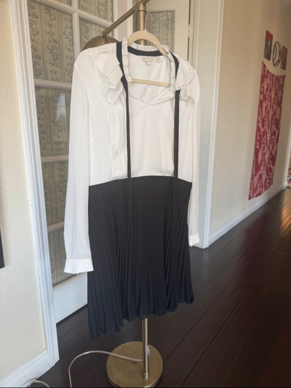 Ted Baker London Black & White Zazu Pleated Midi Dress with Bow Neck - Picture 10 of 16